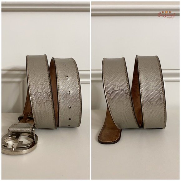 Authentic Gucci Silver Imprime Monogram Leather Interlocking G Buckle Belt 95/38 main image 12